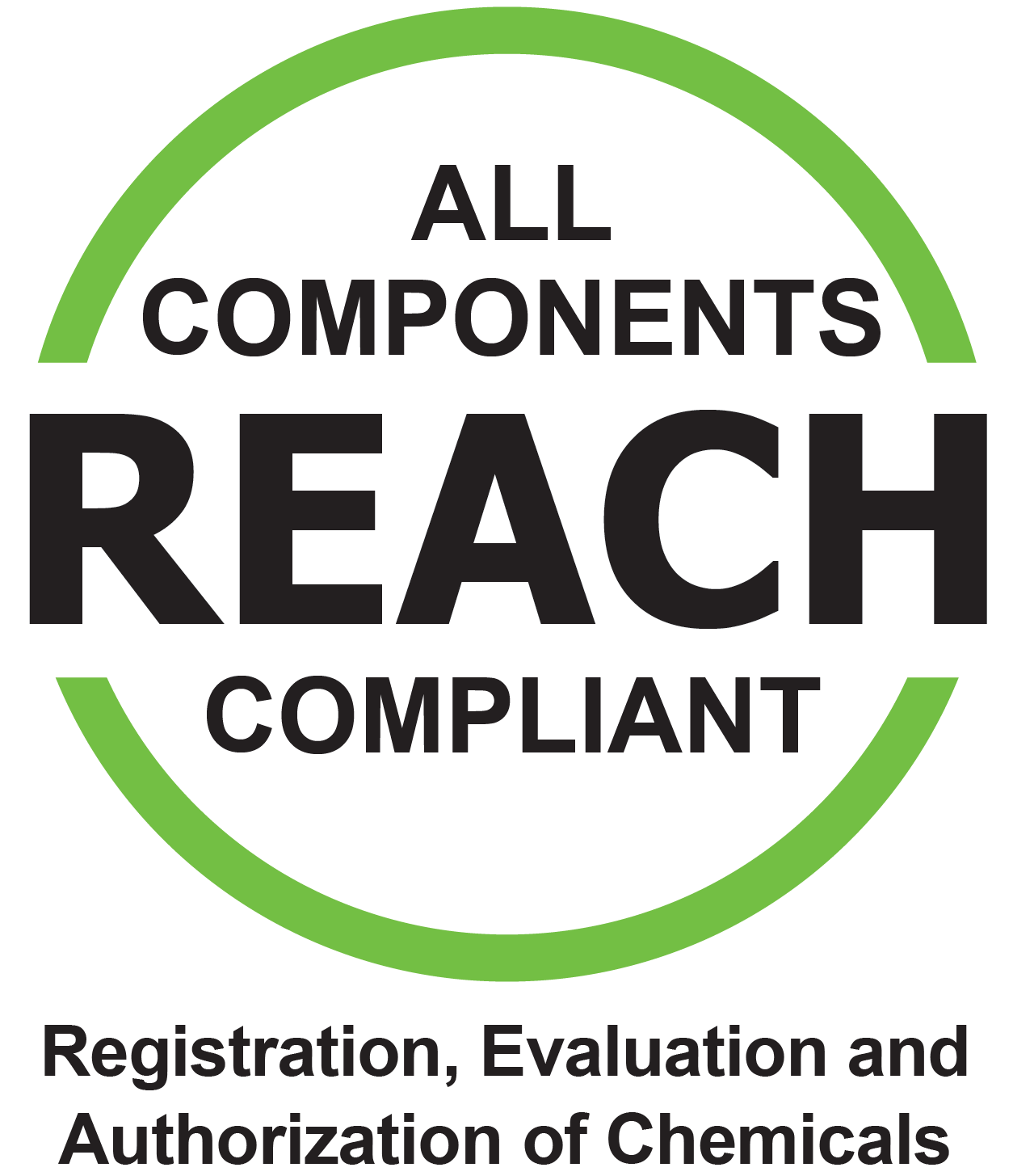 Label indicating REACH compliance for all chemical components and their registration process.